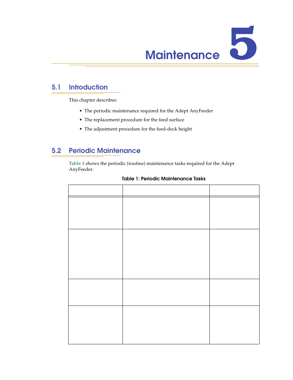 Maintenance, 1 introduction, 2 periodic maintenance | Adept AnyFeeder User Manual | Page 49 / 68