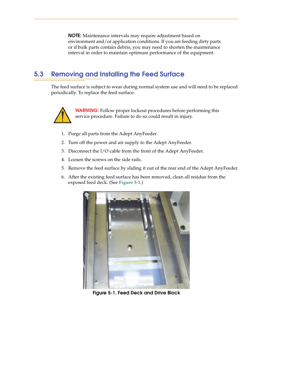 3 removing and installing the feed surface, Figure 5-1. feed deck and drive block | Adept AnyFeeder User Manual | Page 50 / 68