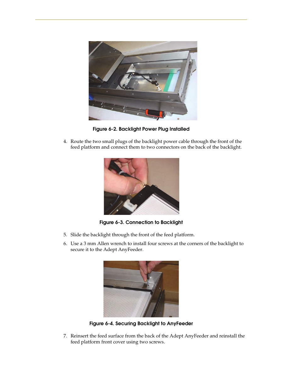 Figure 6-2. backlight power plug installed, Figure 6-3. connection to backlight, Figure 6-4. securing backlight to anyfeeder | Adept AnyFeeder User Manual | Page 54 / 68