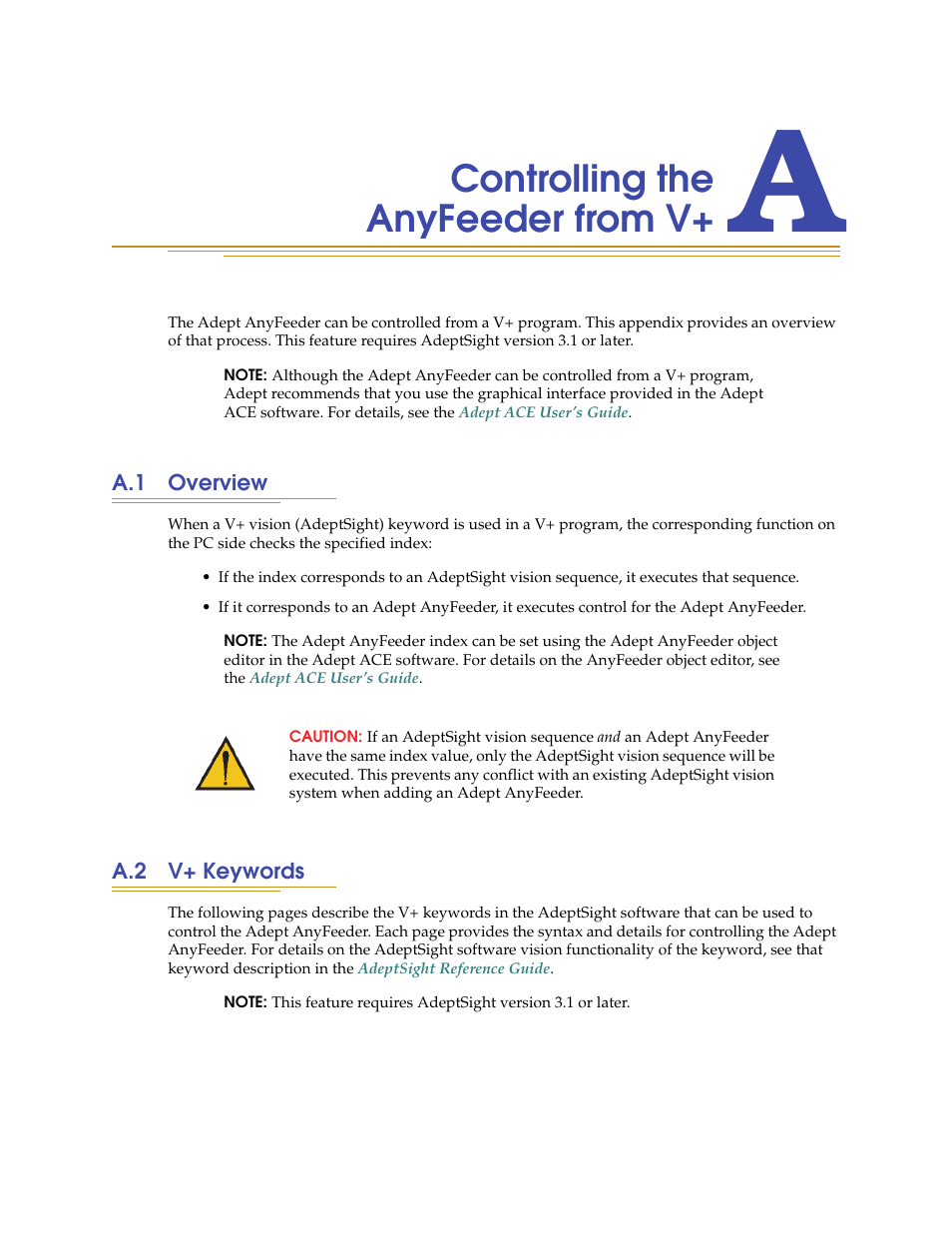 Controlling the anyfeeder from v, A.1 overview, A.2 v+ keywords | For information | Adept AnyFeeder User Manual | Page 57 / 68