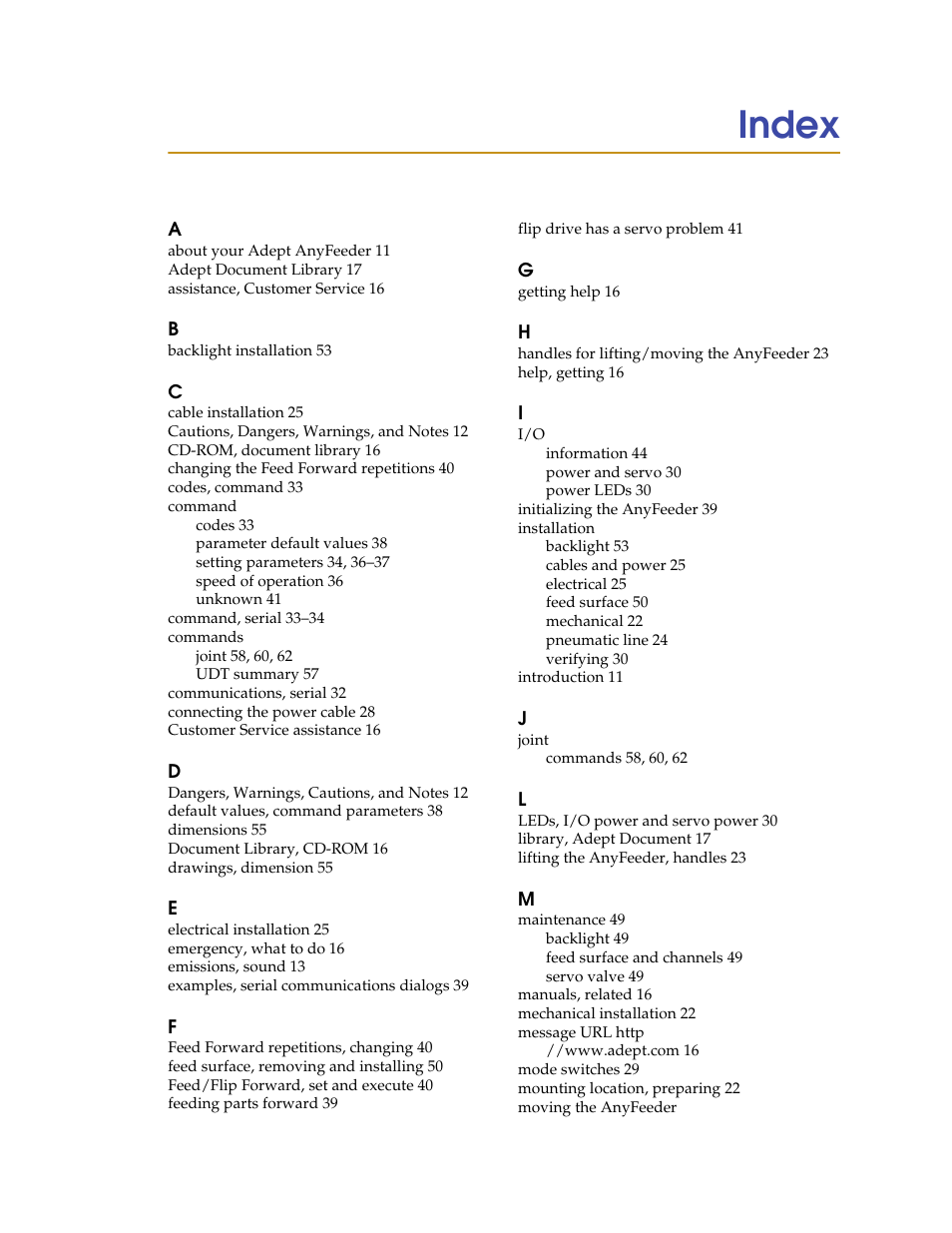 Index | Adept AnyFeeder User Manual | Page 65 / 68