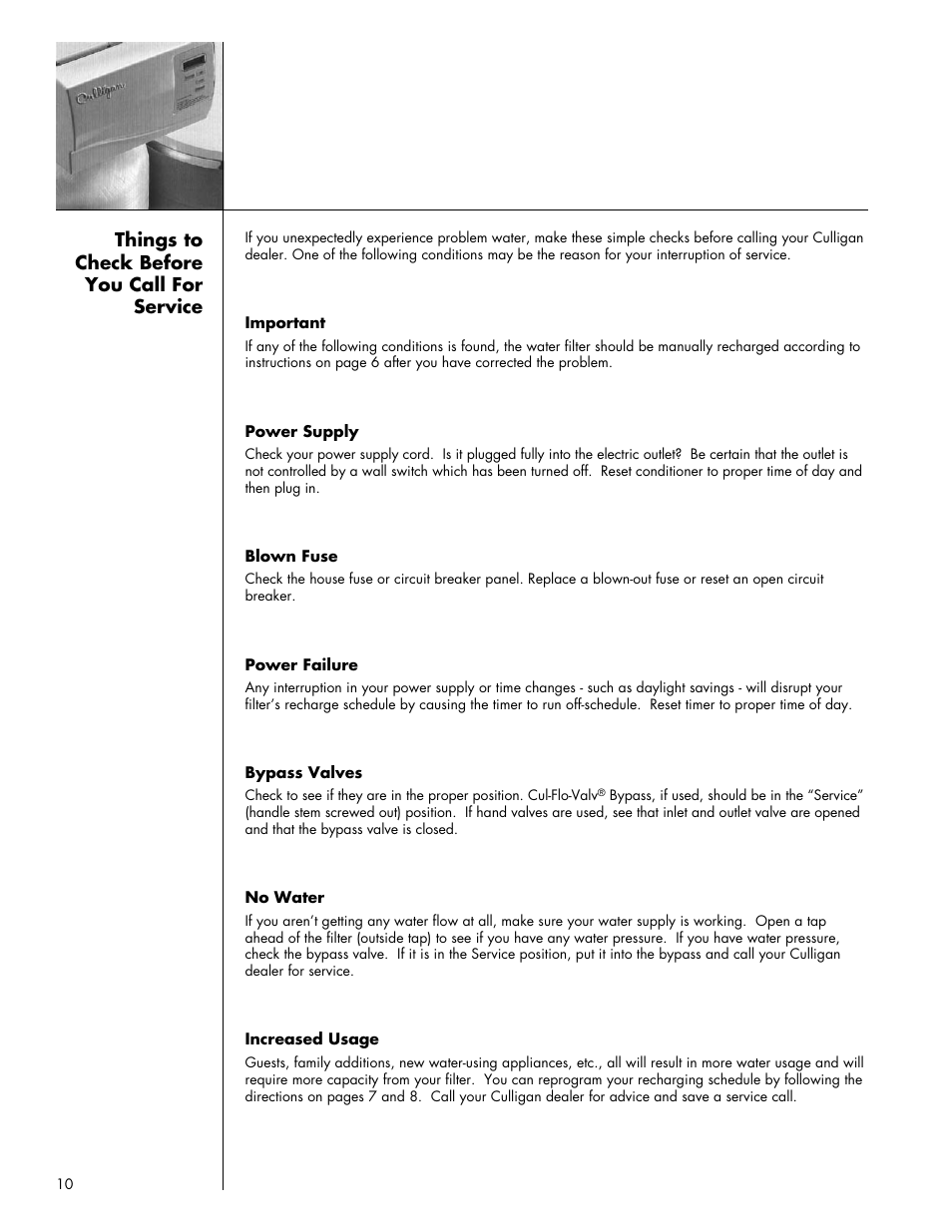 Things to check before you call for service | Culligan Medallist Plus Series User Manual | Page 10 / 21