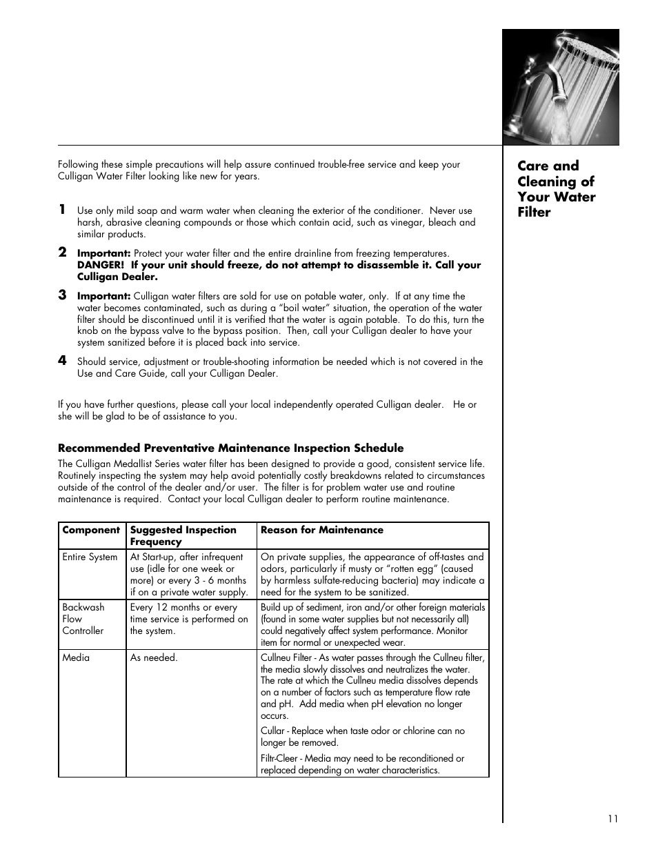 Care and cleaning of your water filter | Culligan Medallist Plus Series User Manual | Page 11 / 21