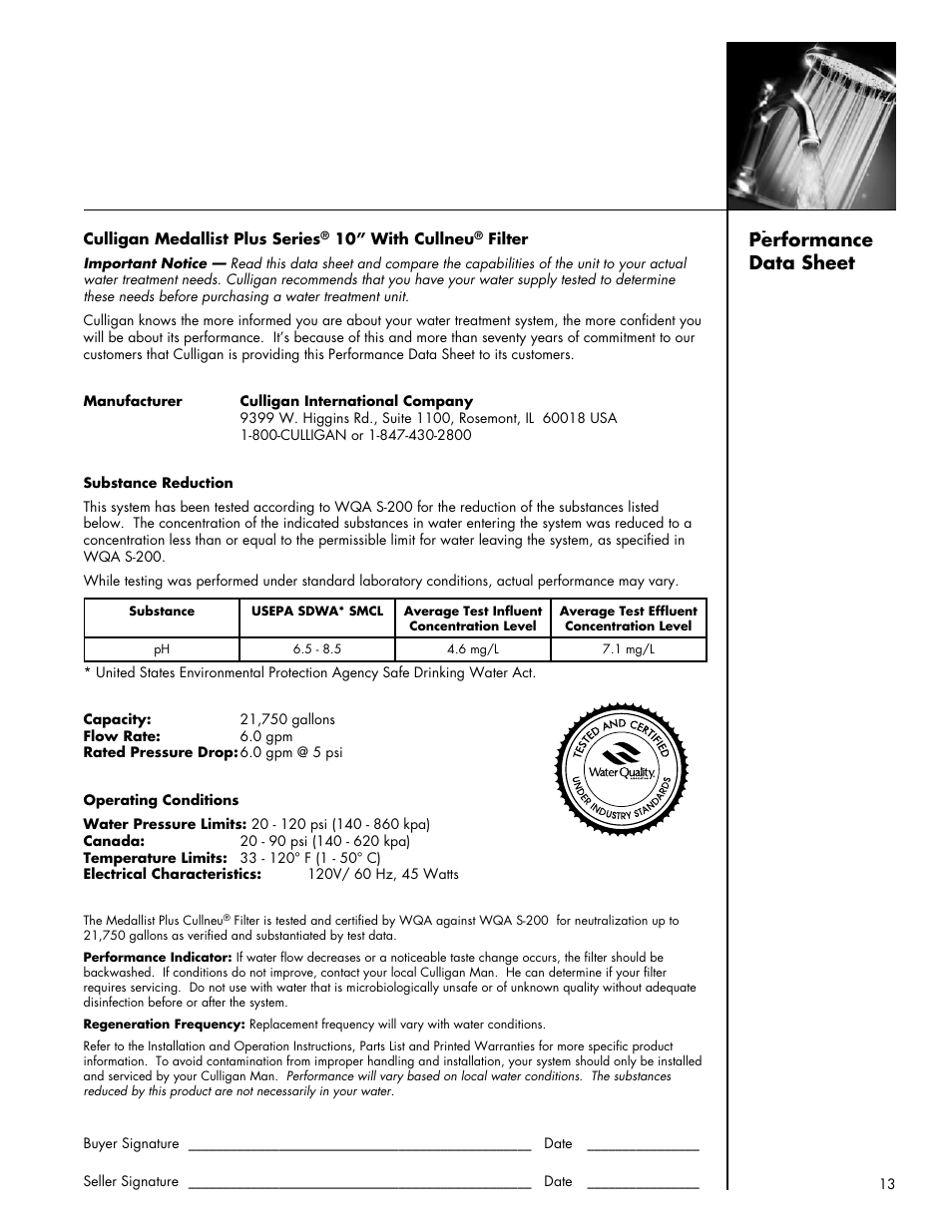 Chapter heading, Performance data sheet | Culligan Medallist Plus Series User Manual | Page 13 / 21