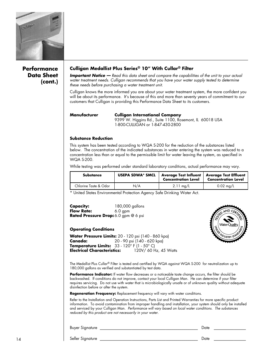 Performance data sheet (cont.) | Culligan Medallist Plus Series User Manual | Page 14 / 21