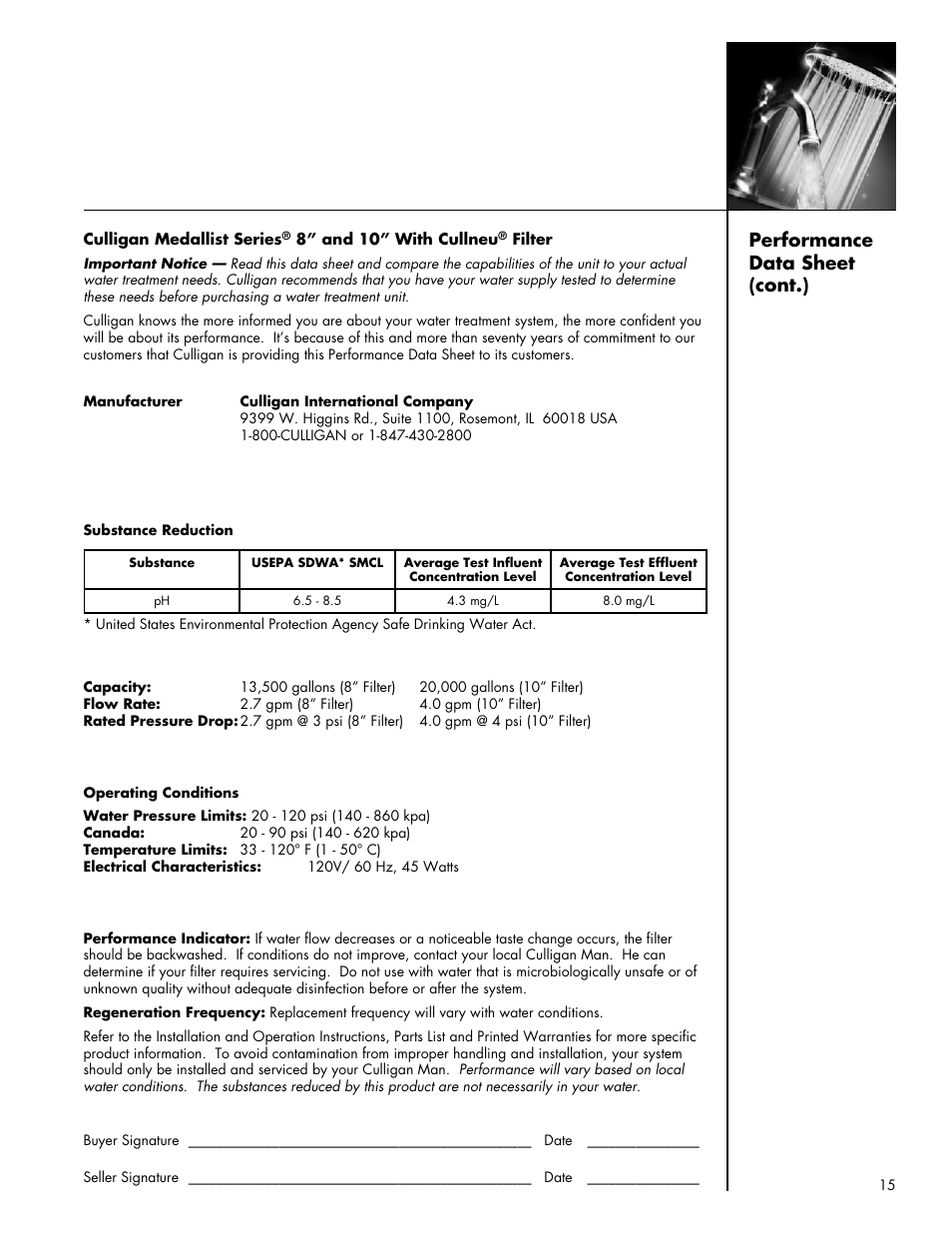 Performance data sheet (cont.) | Culligan Medallist Plus Series User Manual | Page 15 / 21