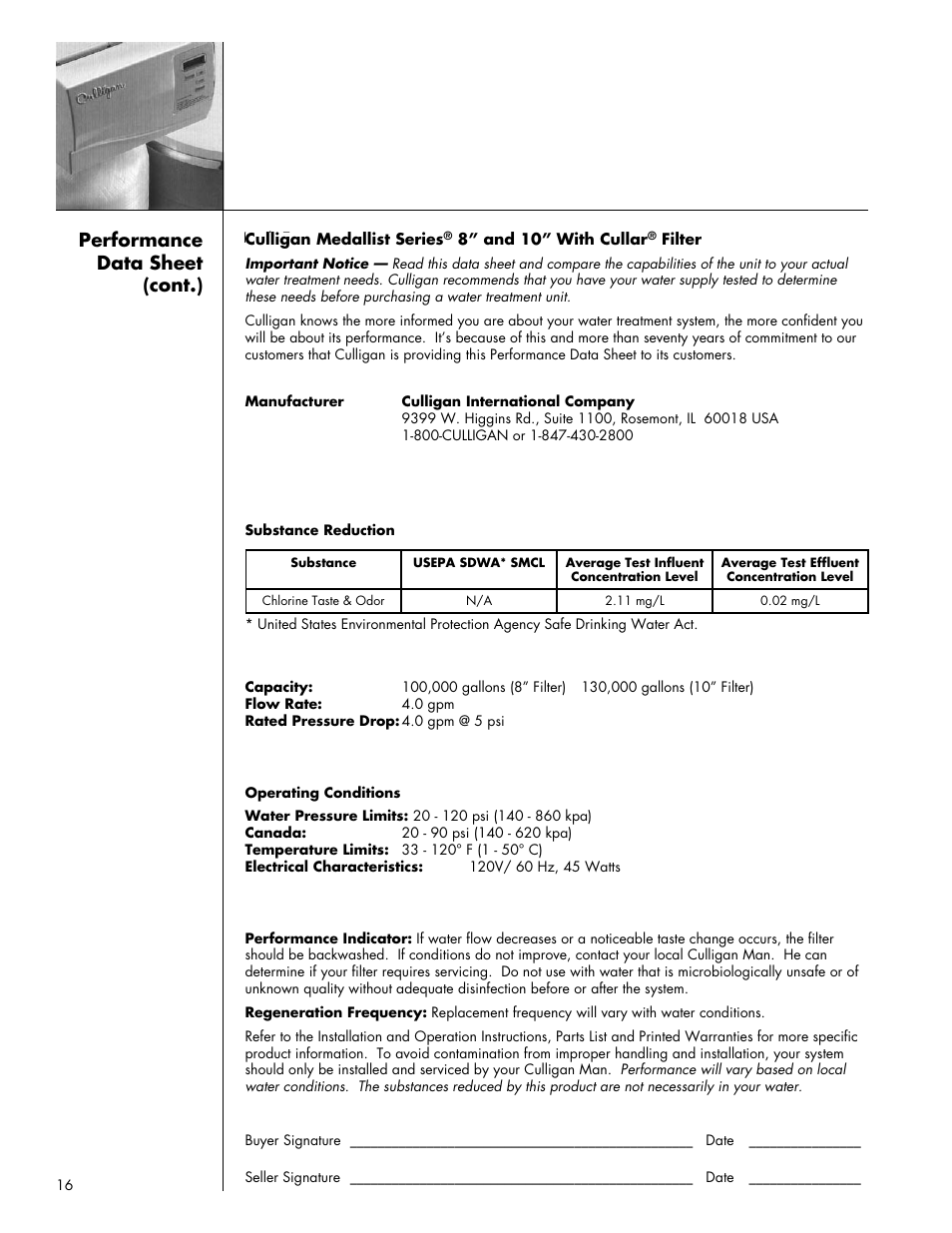 Performance data sheet (cont.) | Culligan Medallist Plus Series User Manual | Page 16 / 21