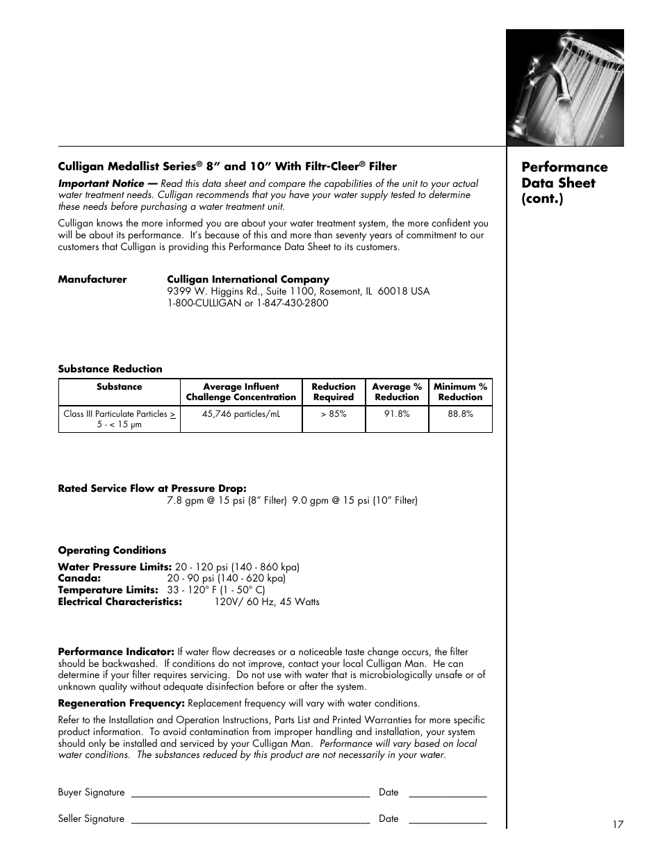 Performance data sheet (cont.) | Culligan Medallist Plus Series User Manual | Page 17 / 21