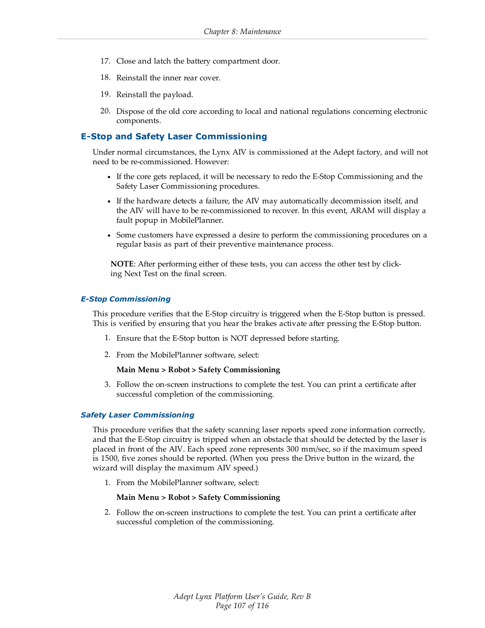 E-stop and safety laser commissioning | Adept Lynx Platform User Manual | Page 107 / 116