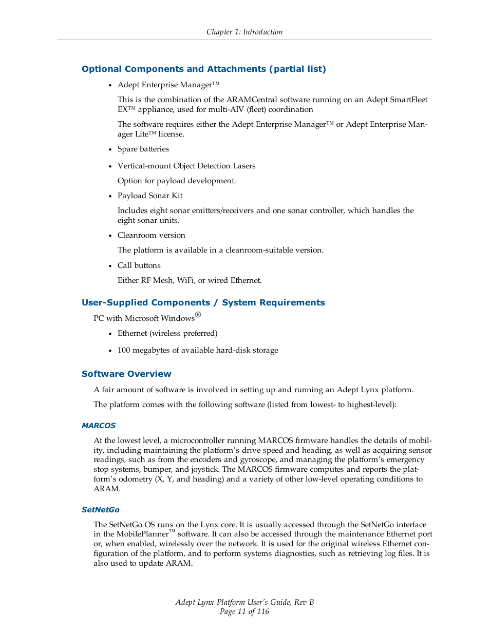 Optional components and attachments (partial list), User-supplied components / system requirements, Software overview | Adept Lynx Platform User Manual | Page 11 / 116