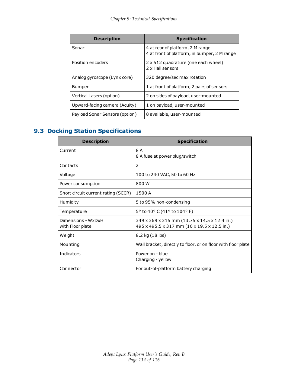 3 docking station specifications | Adept Lynx Platform User Manual | Page 114 / 116