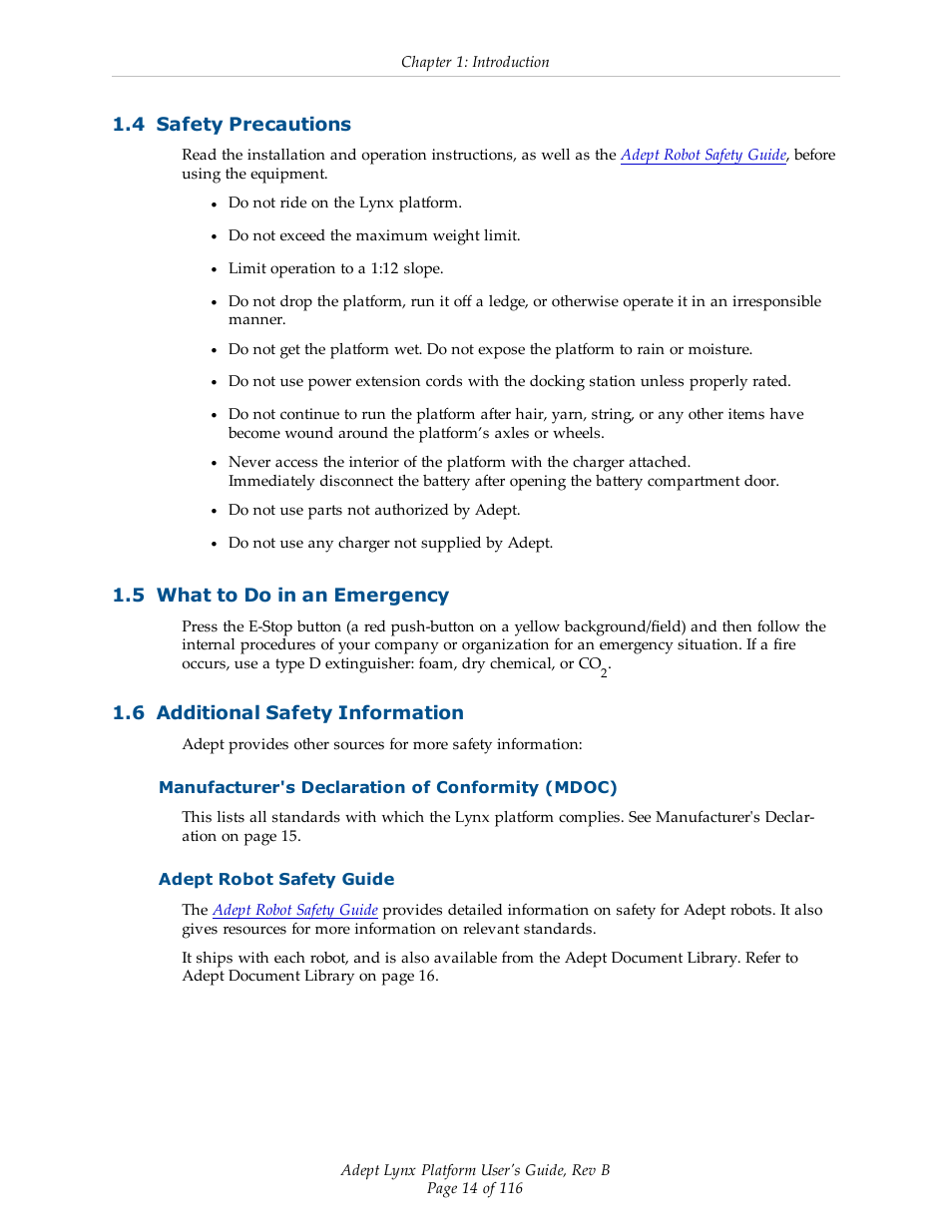 4 safety precautions, 5 what to do in an emergency, 6 additional safety information | Manufacturer's declaration of conformity (mdoc), Adept robot safety guide | Adept Lynx Platform User Manual | Page 14 / 116