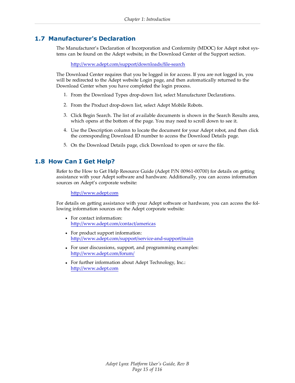 7 manufacturer's declaration, 8 how can i get help | Adept Lynx Platform User Manual | Page 15 / 116