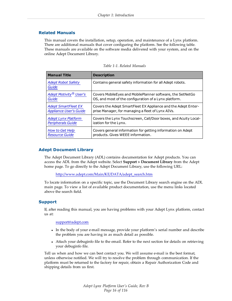 Related manuals, Adept document library, Support | Adept Lynx Platform User Manual | Page 16 / 116