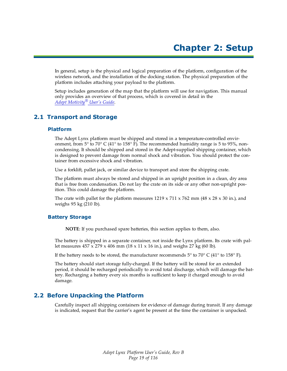 Chapter 2: setup, 1 transport and storage, Platform | Battery storage, 2 before unpacking the platform | Adept Lynx Platform User Manual | Page 19 / 116