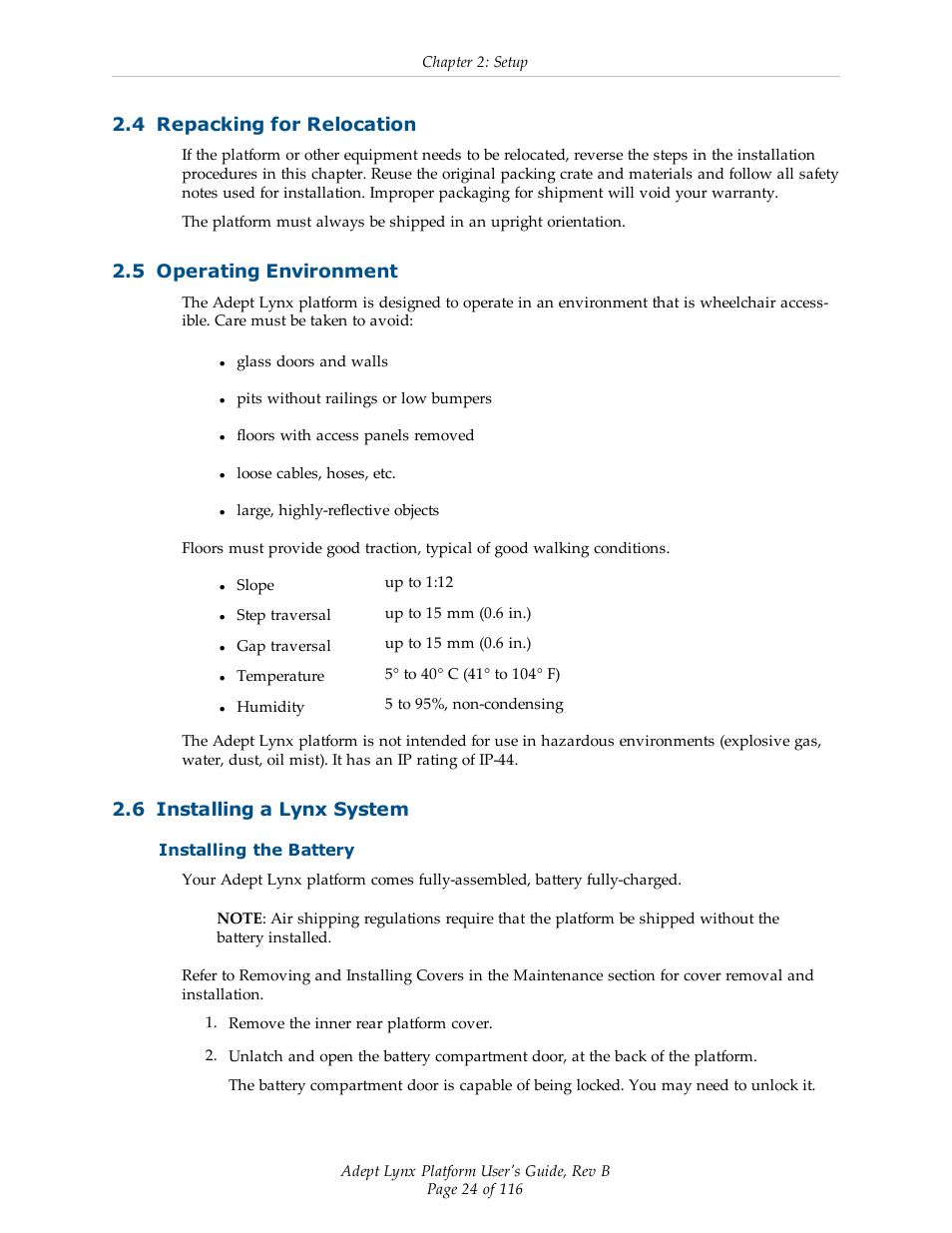 4 repacking for relocation, 5 operating environment, 6 installing a lynx system | Installing the battery | Adept Lynx Platform User Manual | Page 24 / 116