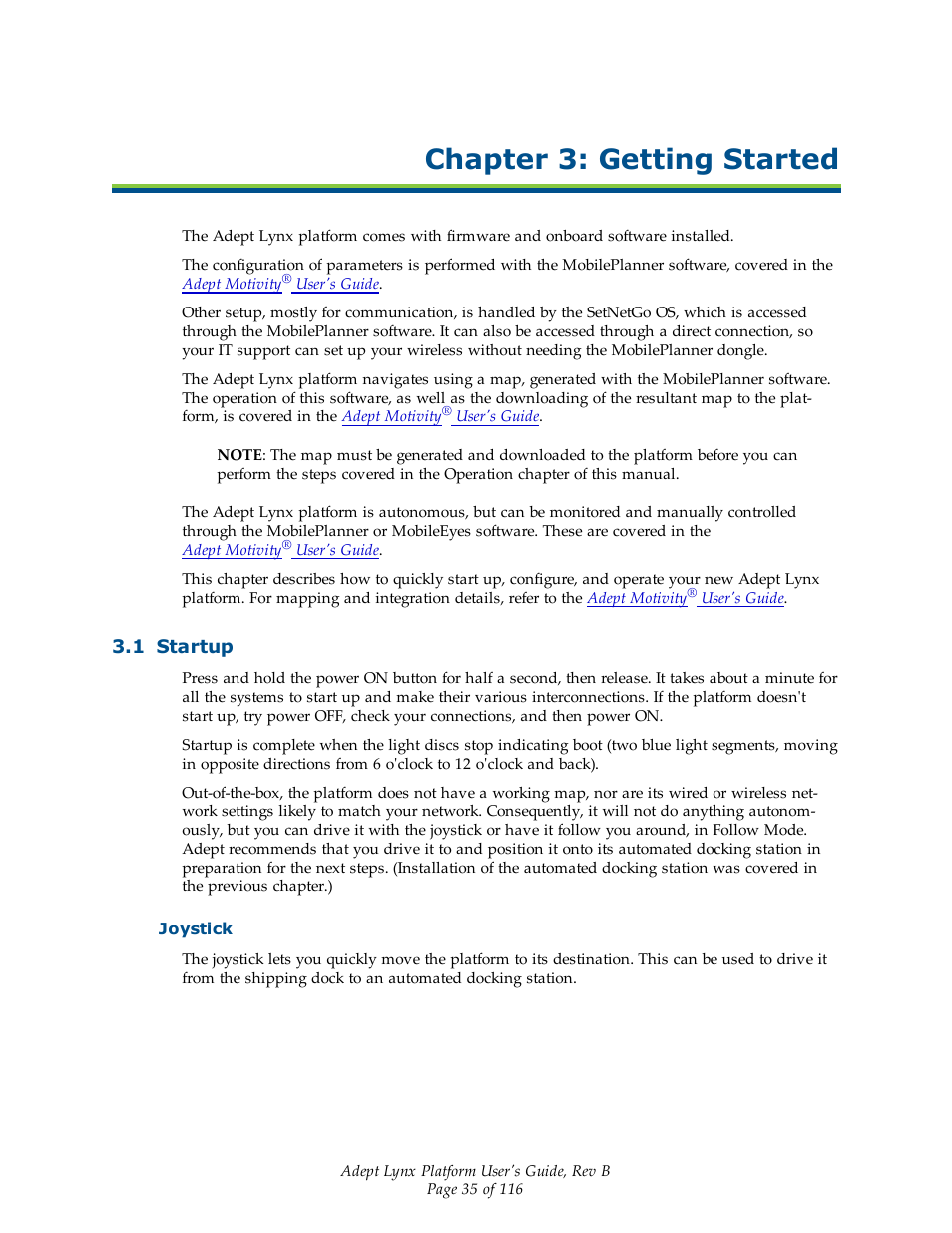 Chapter 3: getting started, 1 startup, Joystick | Adept Lynx Platform User Manual | Page 35 / 116