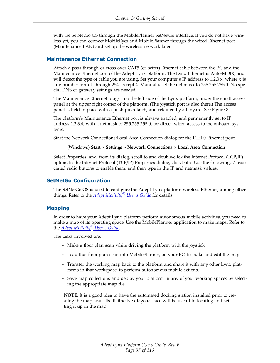 Maintenance ethernet connection, Setnetgo configuration, Mapping | Adept Lynx Platform User Manual | Page 37 / 116