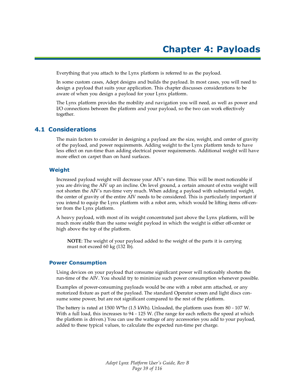 Chapter 4: payloads, 1 considerations, Weight | Power consumption | Adept Lynx Platform User Manual | Page 39 / 116