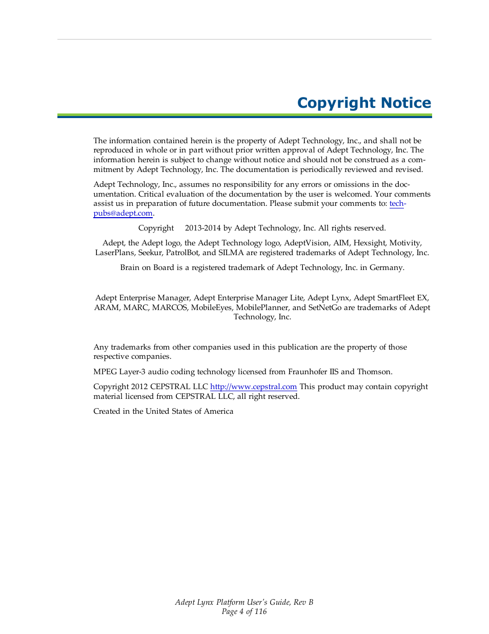 Copyright notice | Adept Lynx Platform User Manual | Page 4 / 116