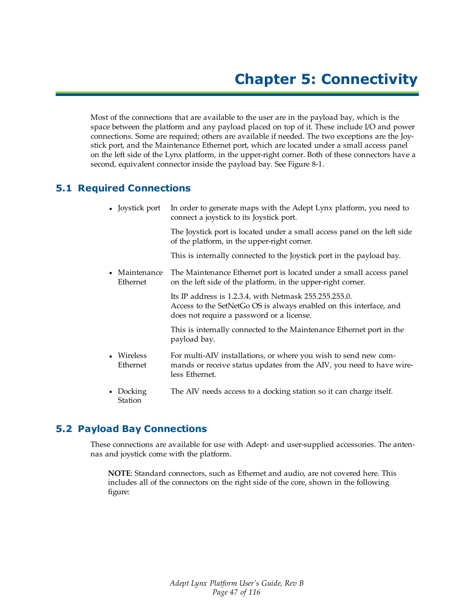 Chapter 5: connectivity, 1 required connections, 2 payload bay connections | Adept Lynx Platform User Manual | Page 47 / 116