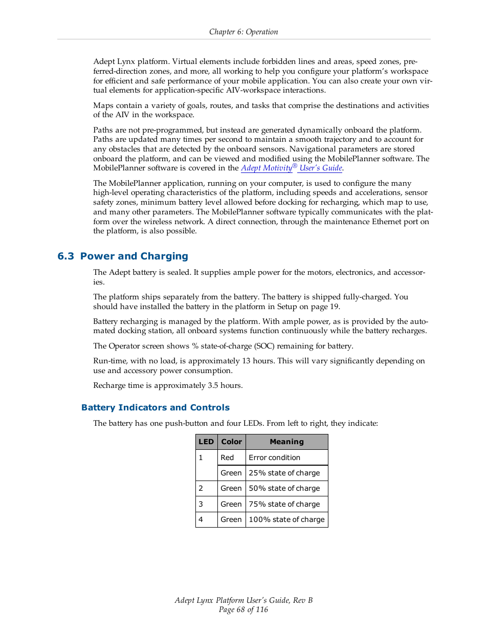 3 power and charging, Battery indicators and controls | Adept Lynx Platform User Manual | Page 68 / 116