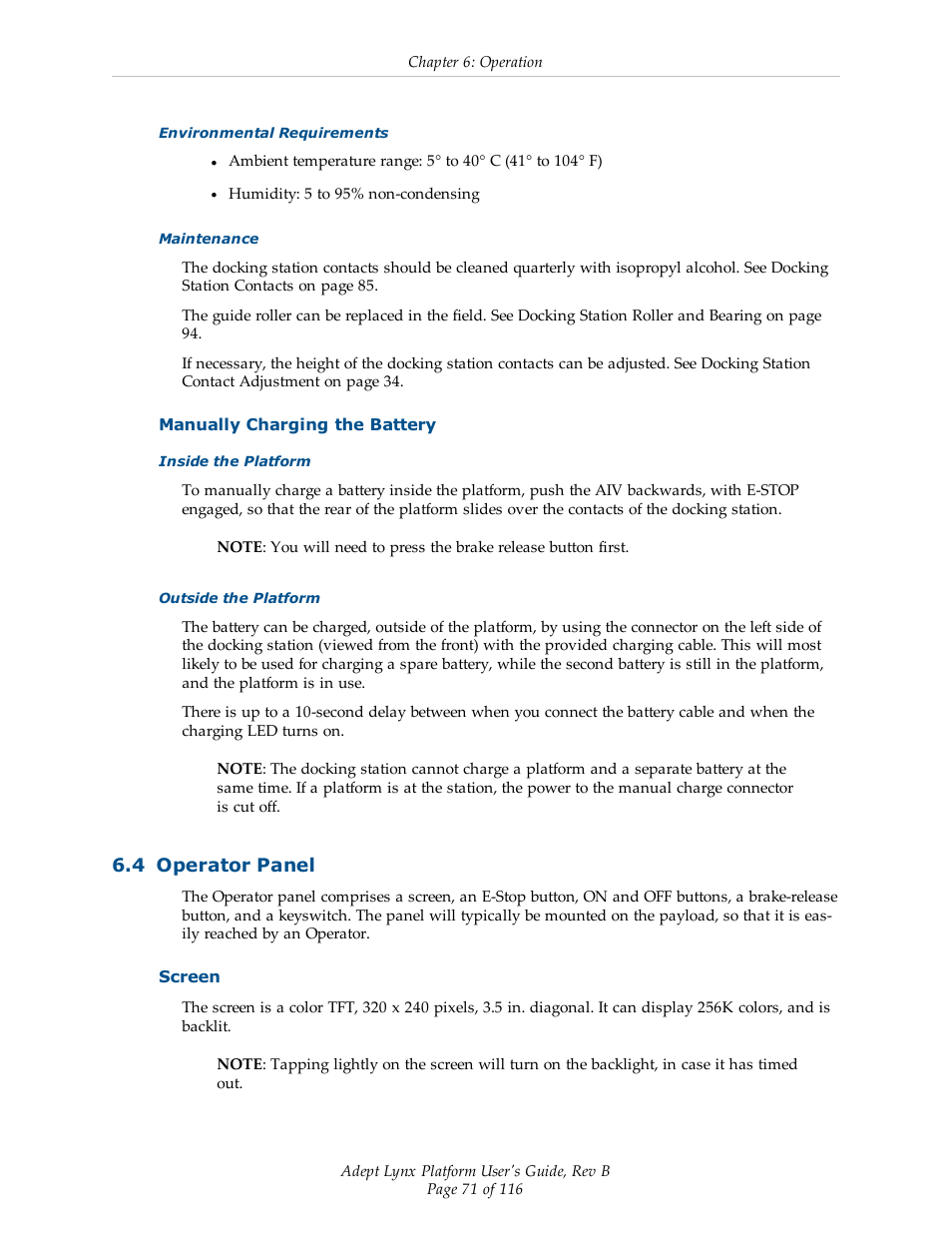 Manually charging the battery, 4 operator panel, Screen | Adept Lynx Platform User Manual | Page 71 / 116