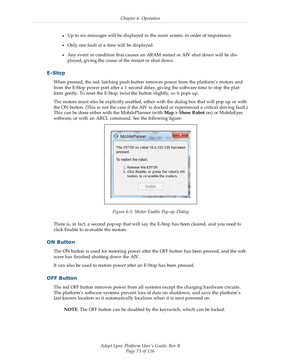 E-stop, On button, Off button | Adept Lynx Platform User Manual | Page 73 / 116