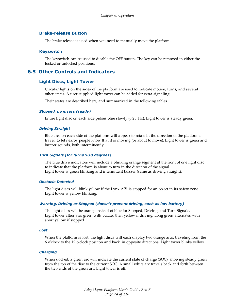 Brake-release button, Keyswitch, 5 other controls and indicators | Light discs, light tower | Adept Lynx Platform User Manual | Page 74 / 116