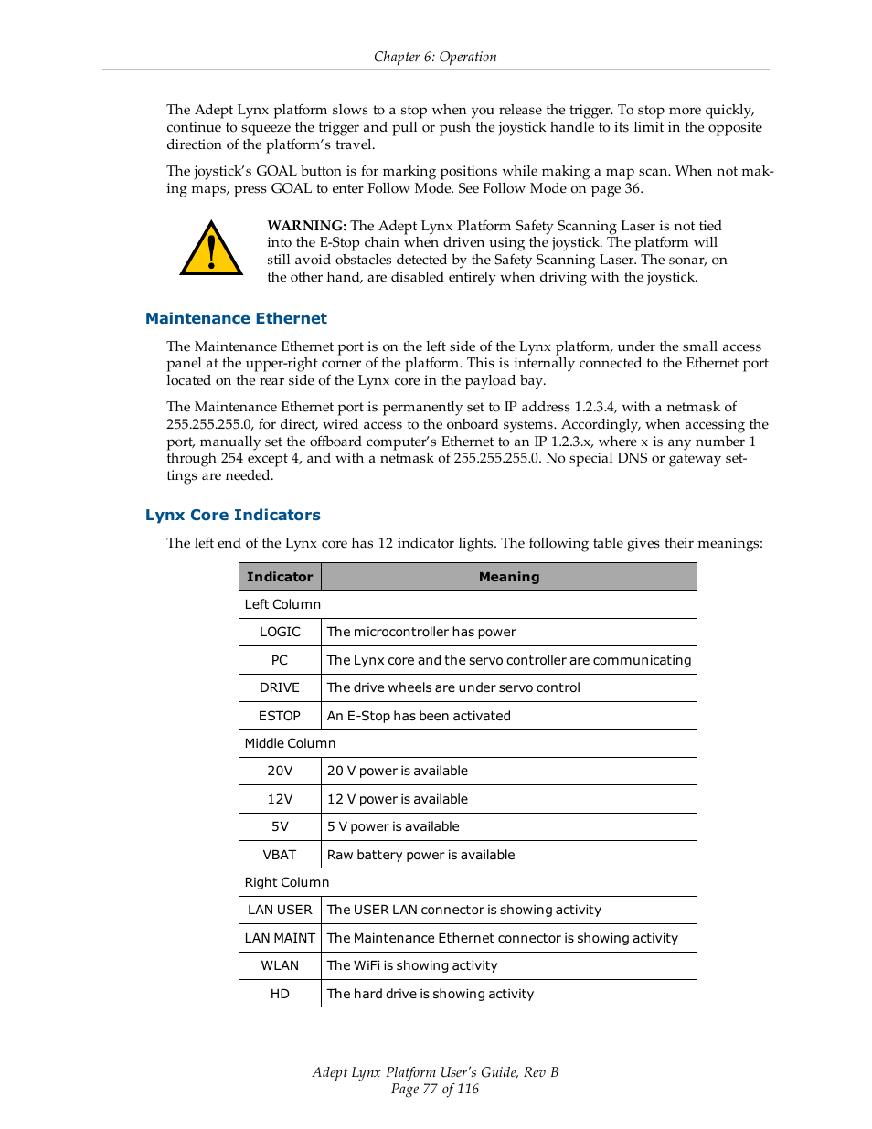 Maintenance ethernet, Lynx core indicators | Adept Lynx Platform User Manual | Page 77 / 116