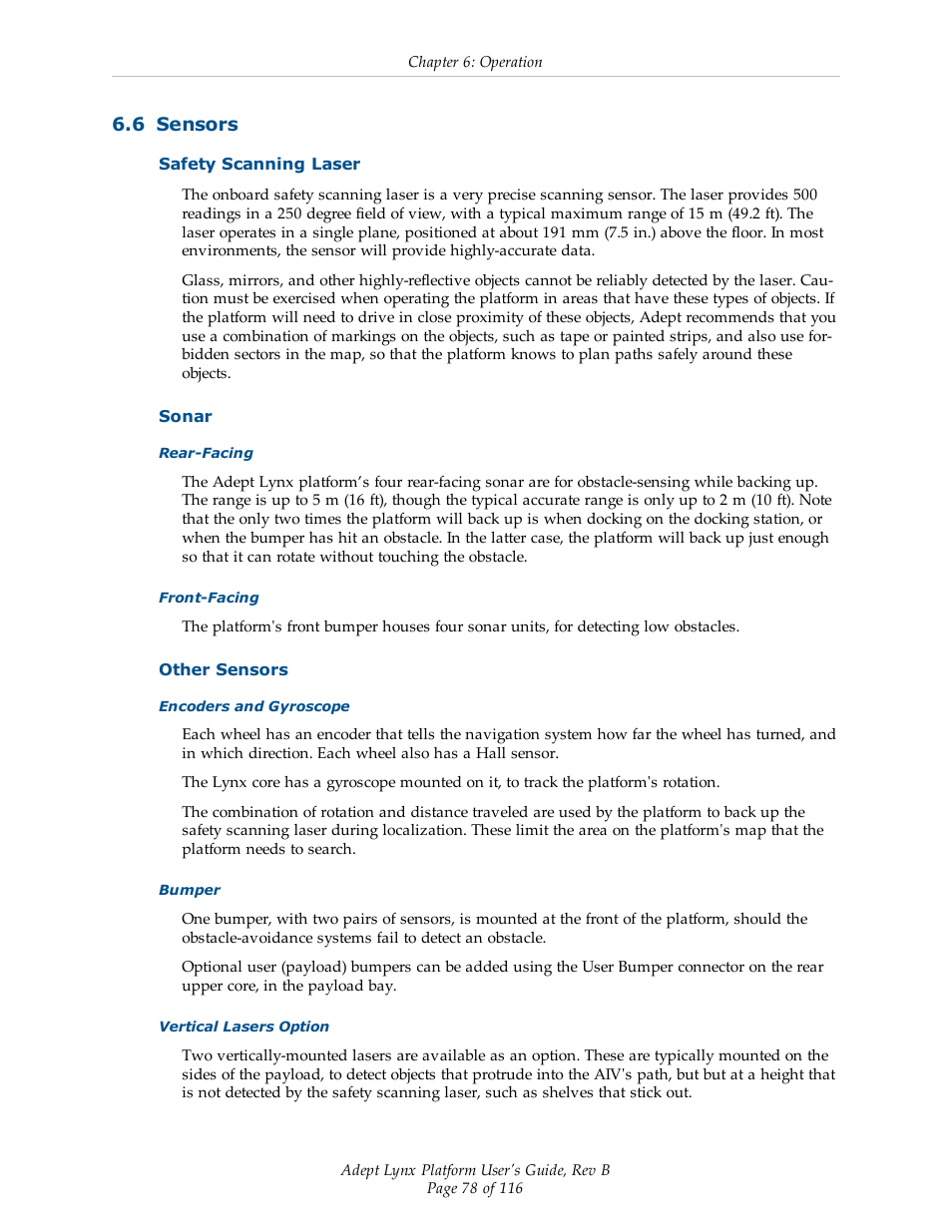 6 sensors, Safety scanning laser, Sonar | Other sensors | Adept Lynx Platform User Manual | Page 78 / 116