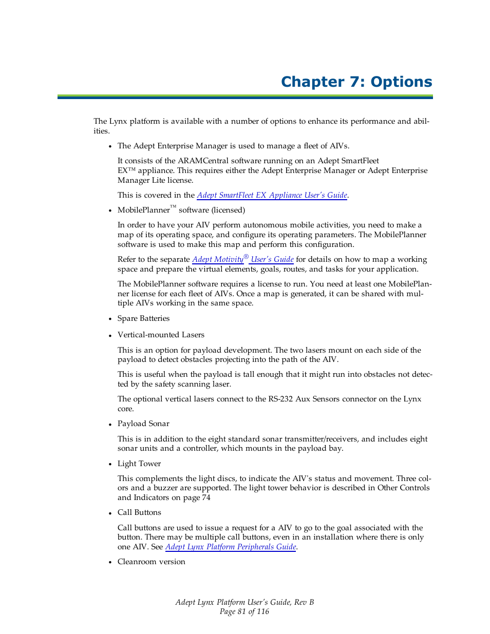 Chapter 7: options | Adept Lynx Platform User Manual | Page 81 / 116