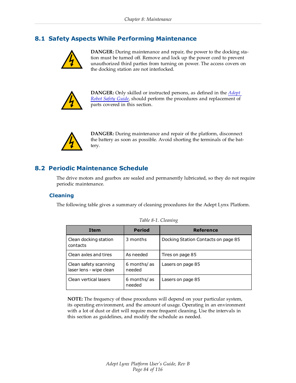 1 safety aspects while performing maintenance, 2 periodic maintenance schedule, Cleaning | Adept Lynx Platform User Manual | Page 84 / 116