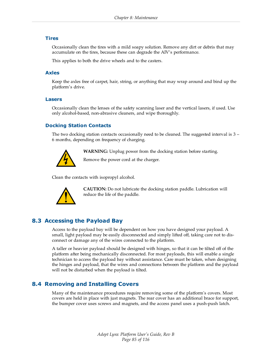 Tires, Axles, Lasers | Docking station contacts, 3 accessing the payload bay, 4 removing and installing covers | Adept Lynx Platform User Manual | Page 85 / 116