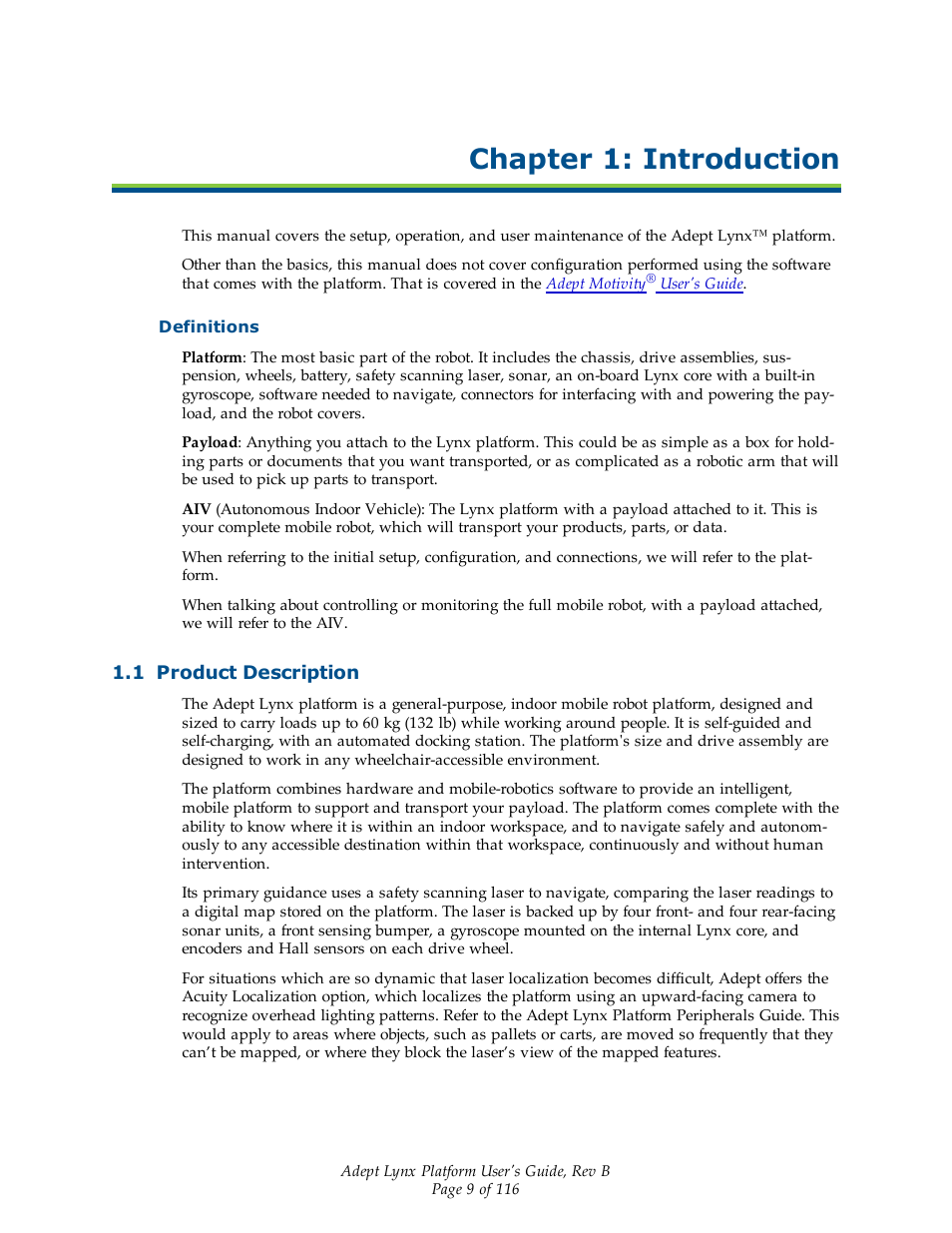 Chapter 1: introduction, Definitions, 1 product description | Adept Lynx Platform User Manual | Page 9 / 116