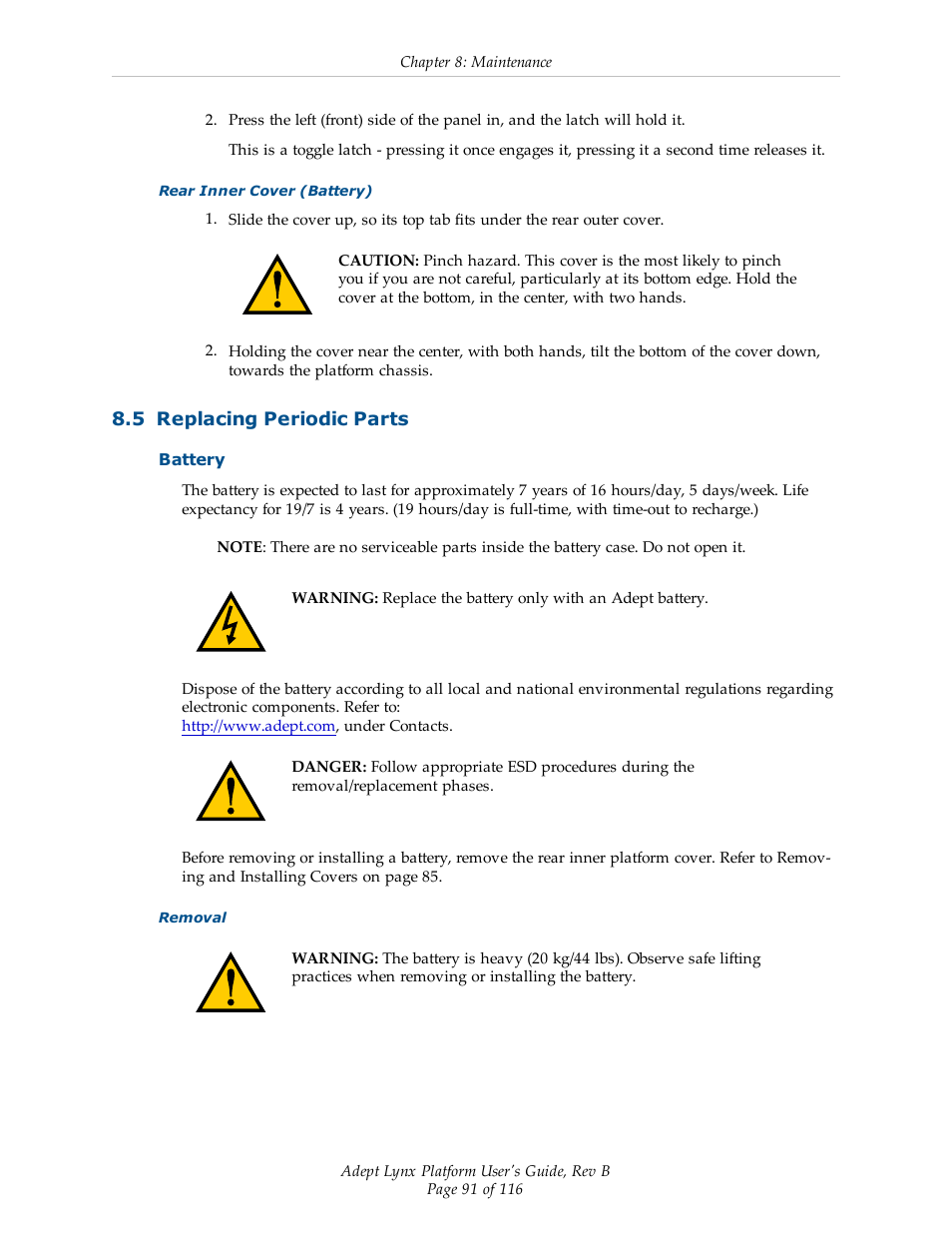 5 replacing periodic parts, Battery | Adept Lynx Platform User Manual | Page 91 / 116