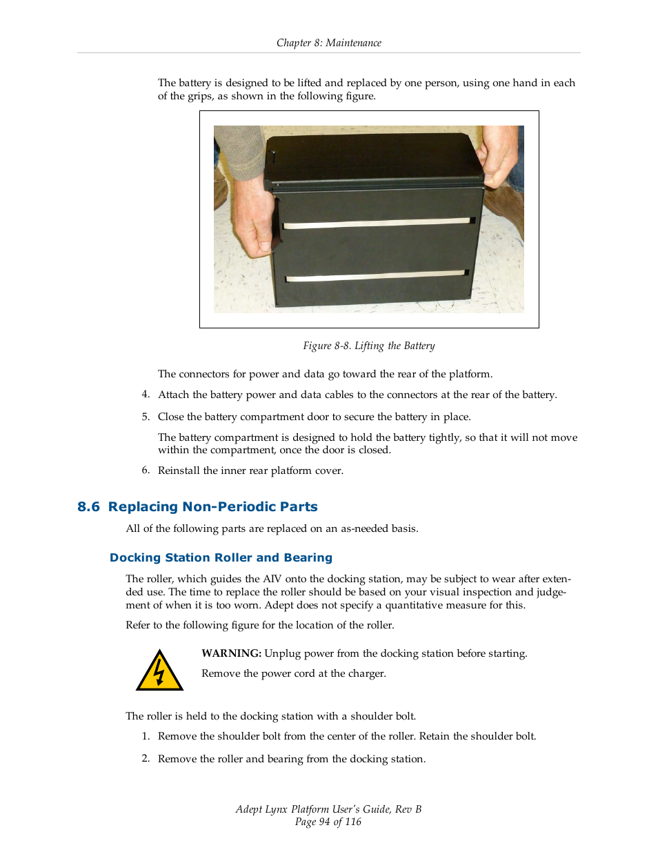 6 replacing non-periodic parts, Docking station roller and bearing | Adept Lynx Platform User Manual | Page 94 / 116