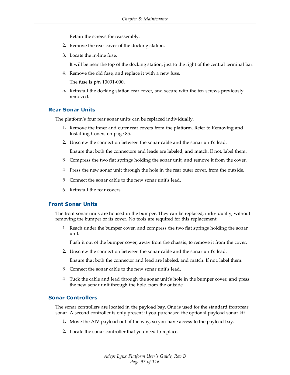 Rear sonar units, Front sonar units, Sonar controllers | Adept Lynx Platform User Manual | Page 97 / 116