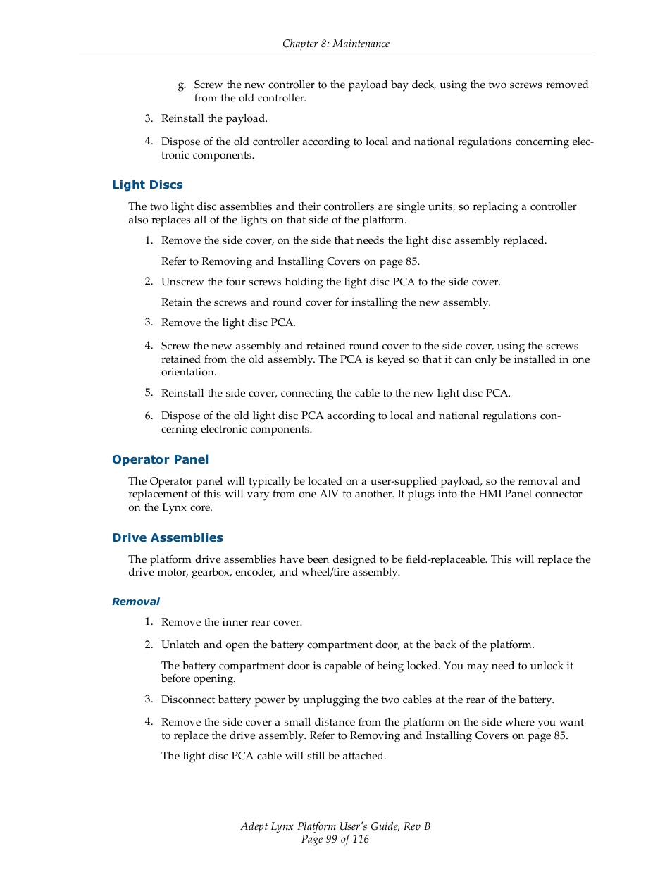 Light discs, Operator panel, Drive assemblies | Adept Lynx Platform User Manual | Page 99 / 116