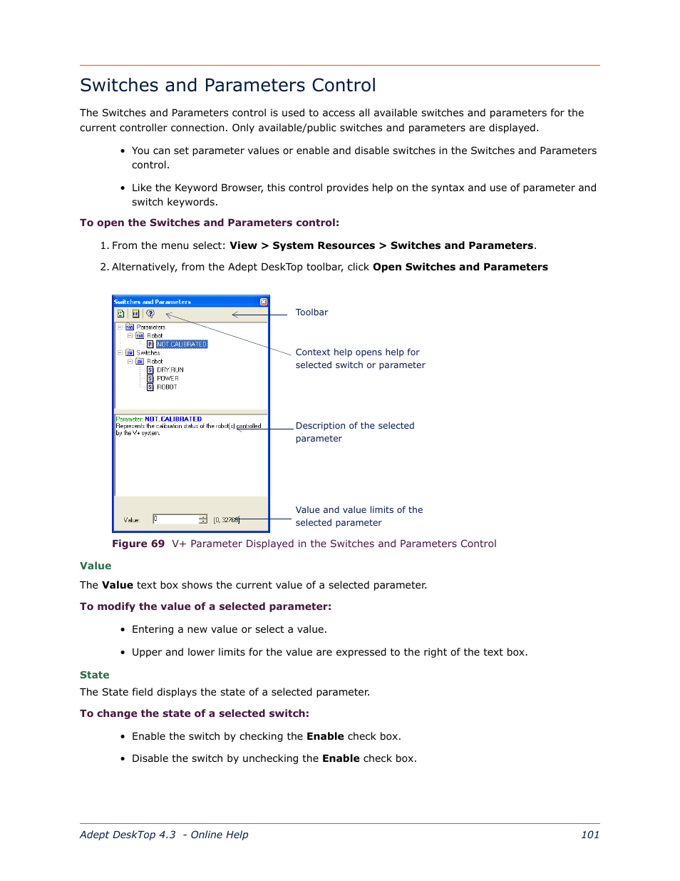 Switches and parameters control, Switches and parameters, Control | Switches and, Parameters control, To the | Adept DeskTop 4.3 User Manual | Page 101 / 166