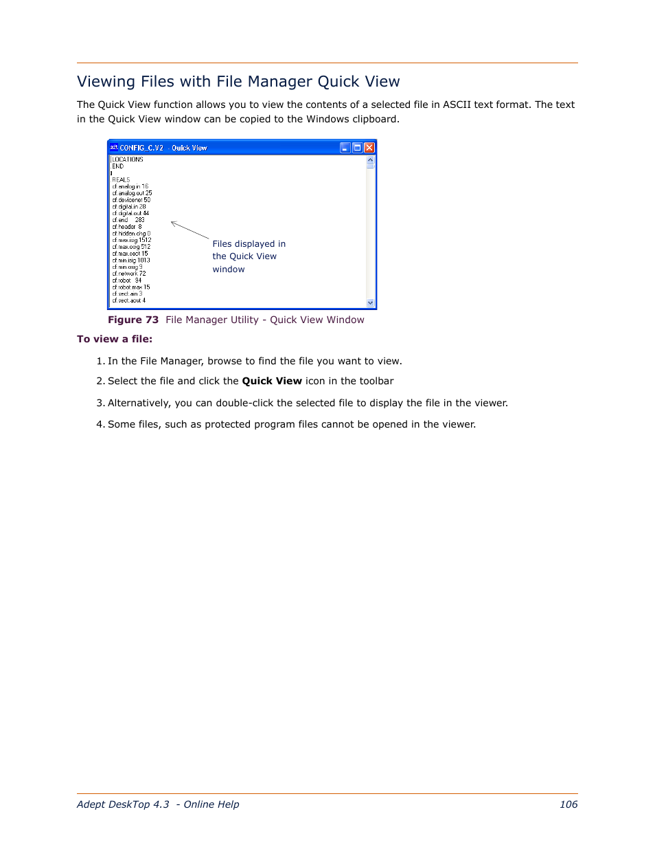 Viewing files with file manager quick view, Viewing files with file manager, Quick view | Adept DeskTop 4.3 User Manual | Page 106 / 166