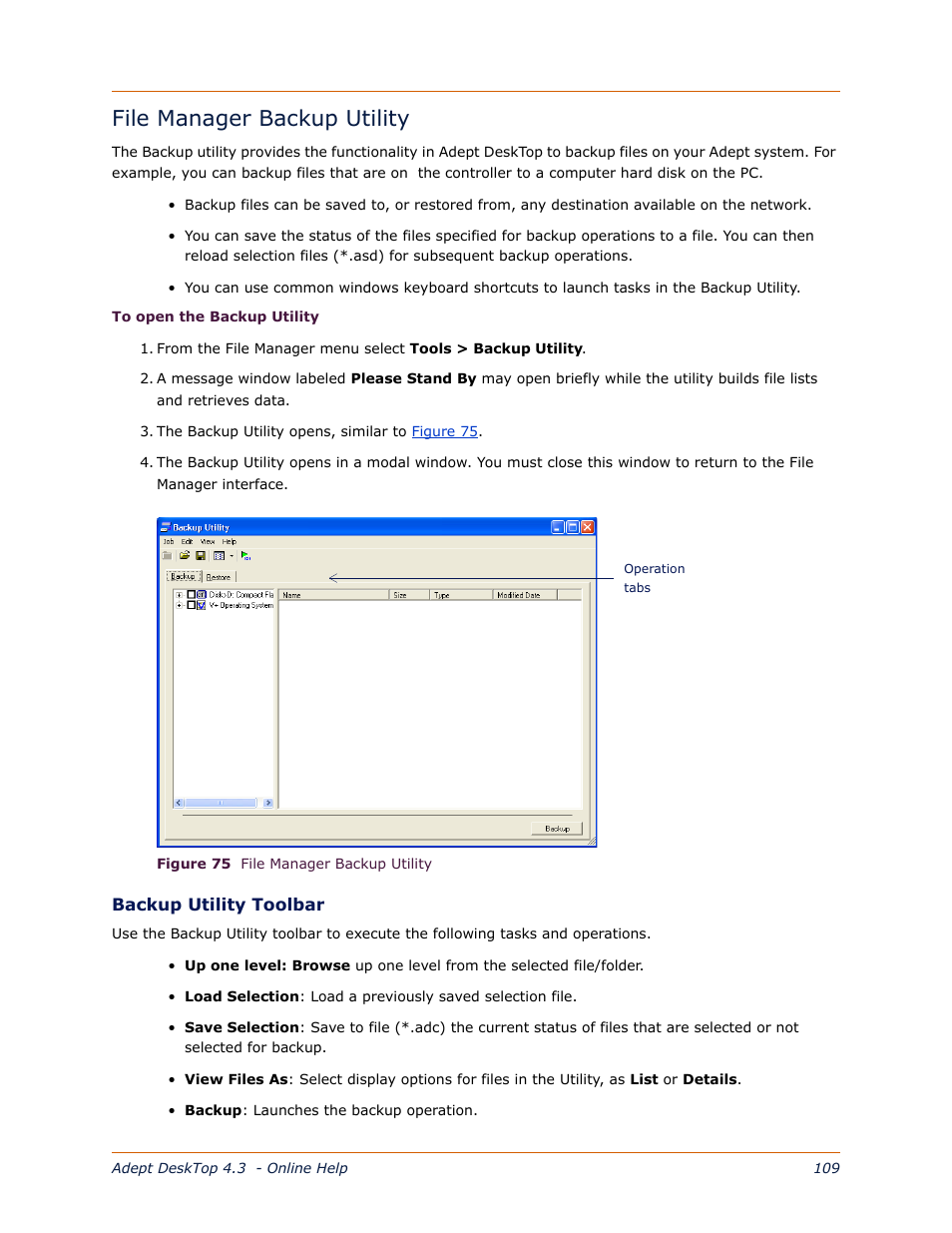 File manager backup utility, File, Manager backup utility | The file | Adept DeskTop 4.3 User Manual | Page 109 / 166