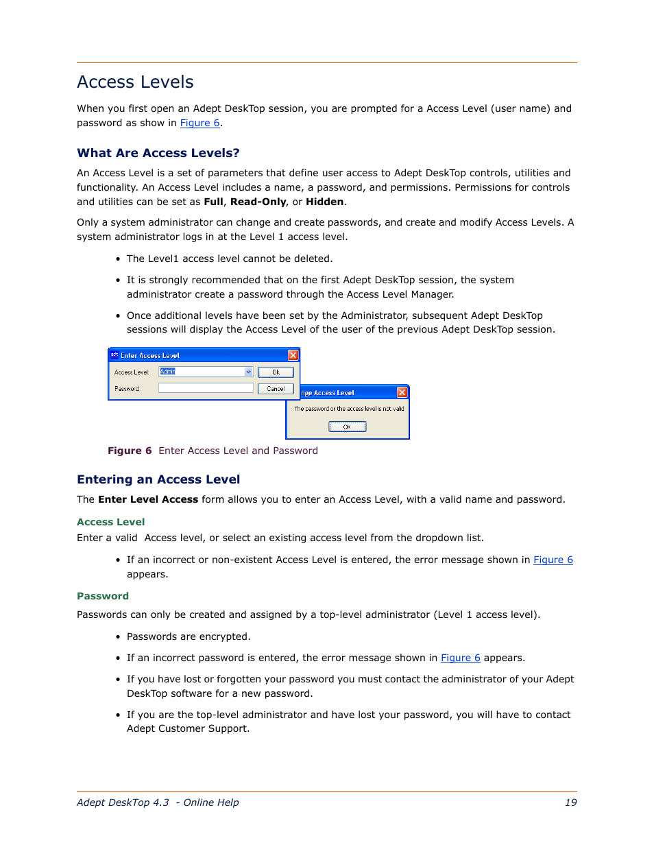 Access levels, Learn about access levels, Section | See the | Adept DeskTop 4.3 User Manual | Page 12 / 166