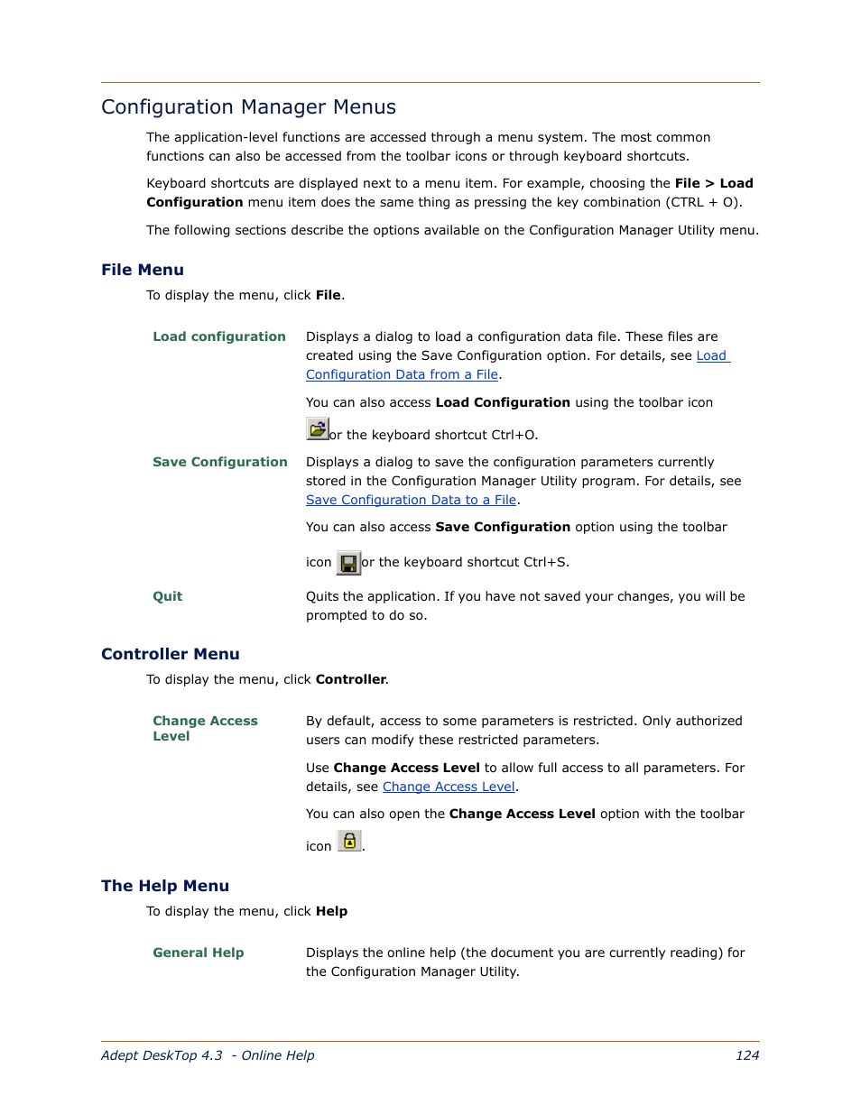 Configuration manager menus | Adept DeskTop 4.3 User Manual | Page 124 / 166