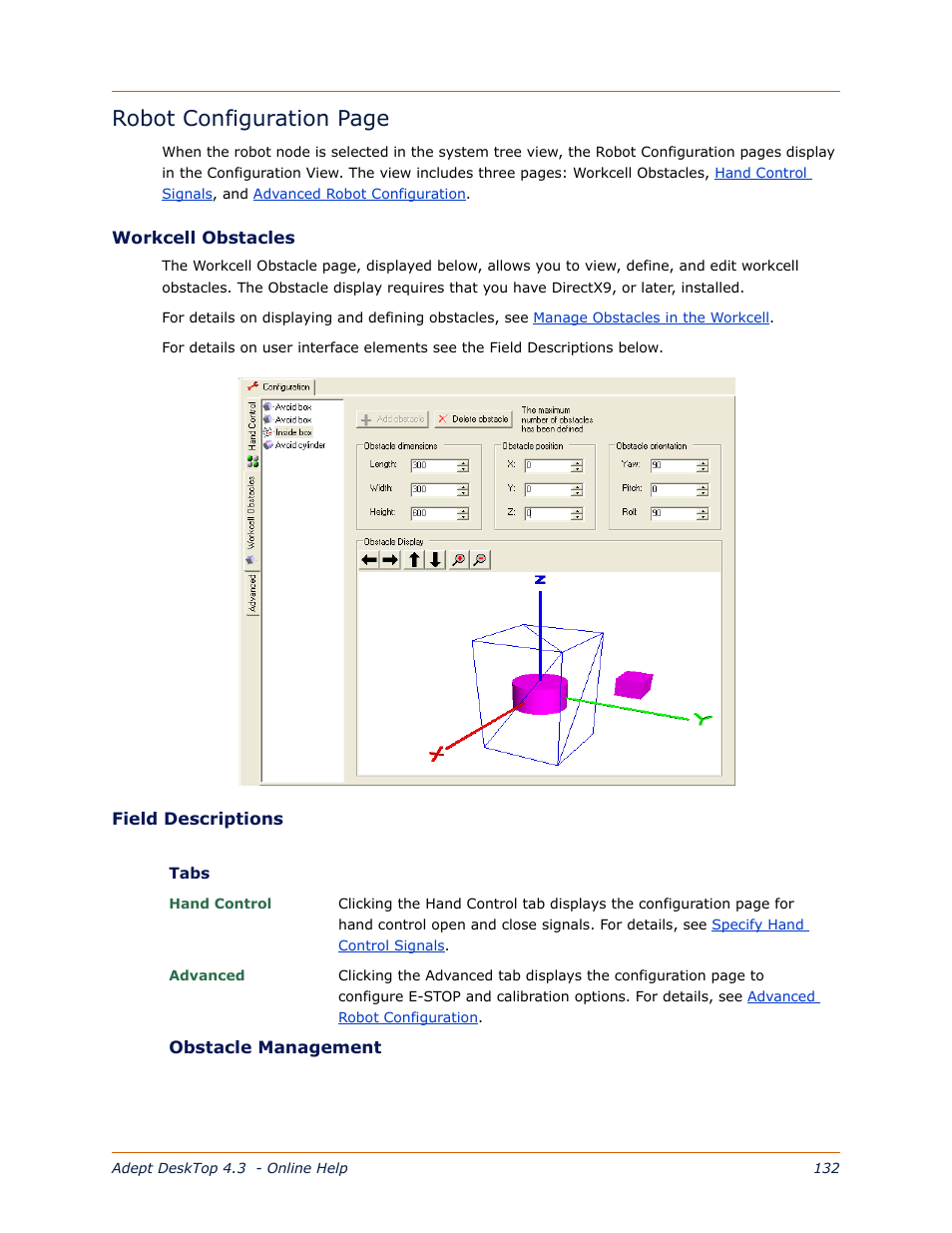 Workcell obstacles, Robot configuration page | Adept DeskTop 4.3 User Manual | Page 132 / 166