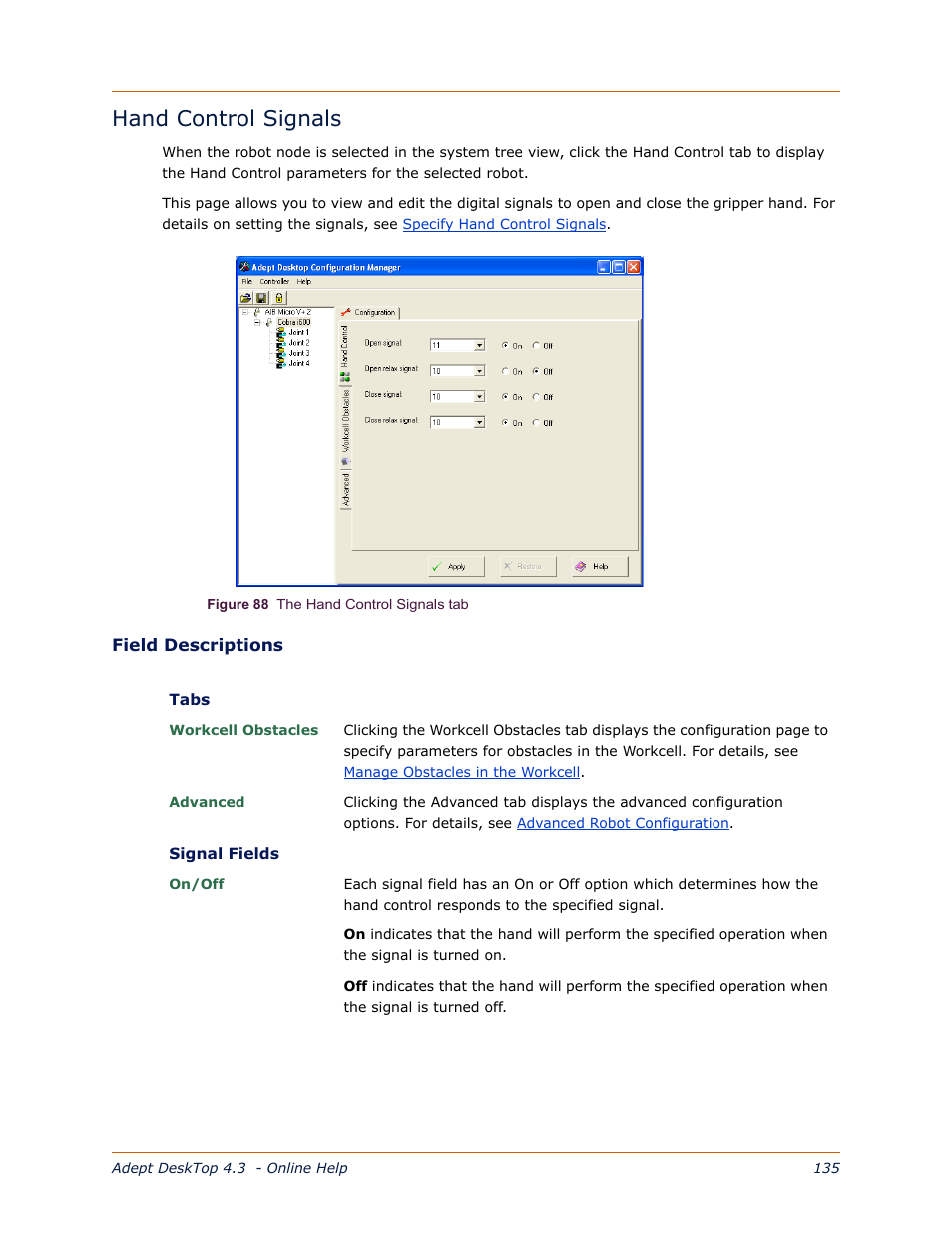 Hand control signals, Hand control, Signals | Adept DeskTop 4.3 User Manual | Page 135 / 166