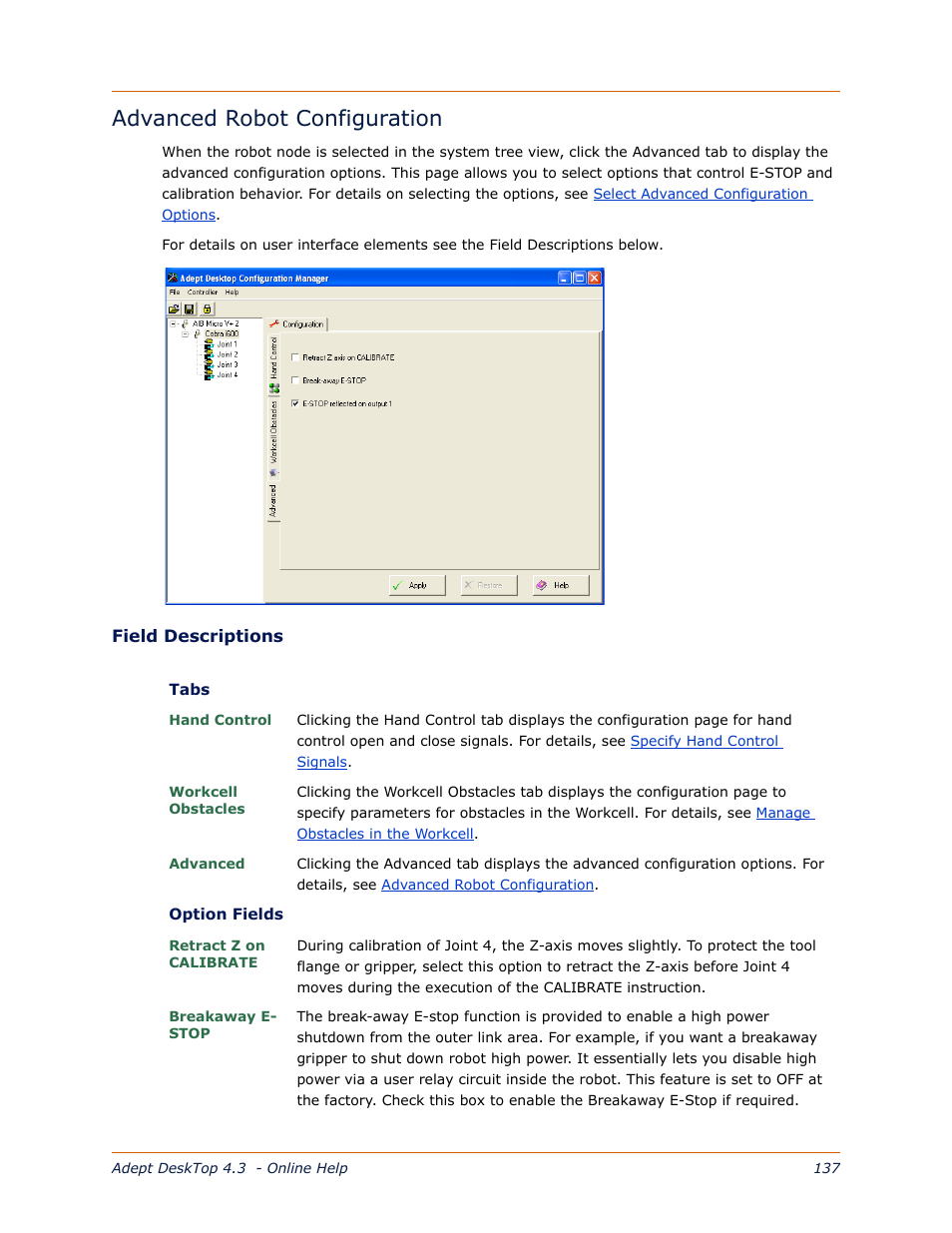 Advanced robot configuration, R details, see, Advanced | Robot configuration | Adept DeskTop 4.3 User Manual | Page 137 / 166