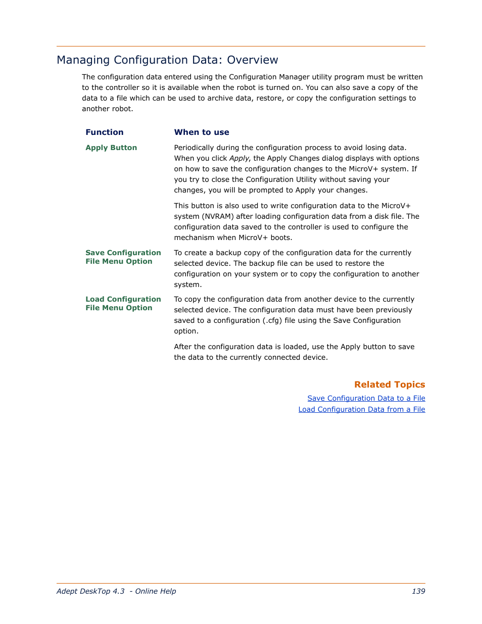 Managing configuration data: overview | Adept DeskTop 4.3 User Manual | Page 139 / 166