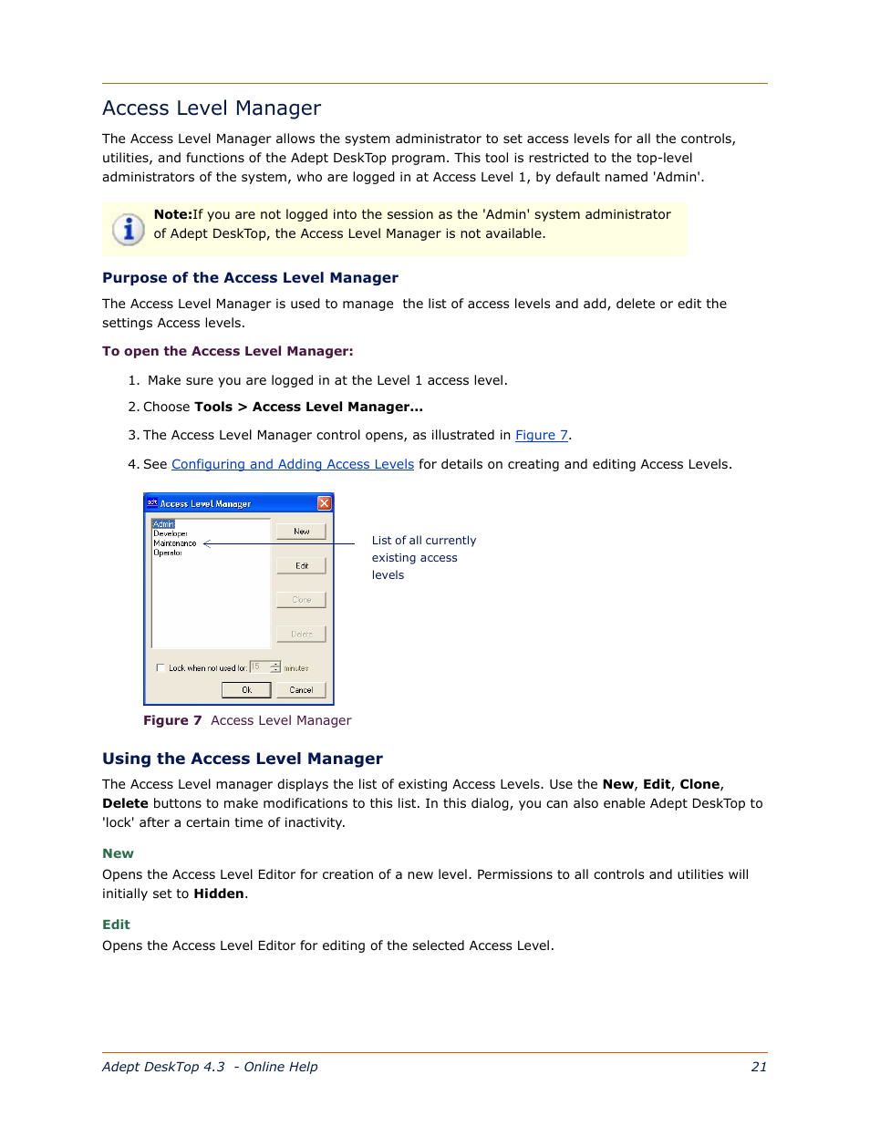 Access level manager | Adept DeskTop 4.3 User Manual | Page 14 / 166