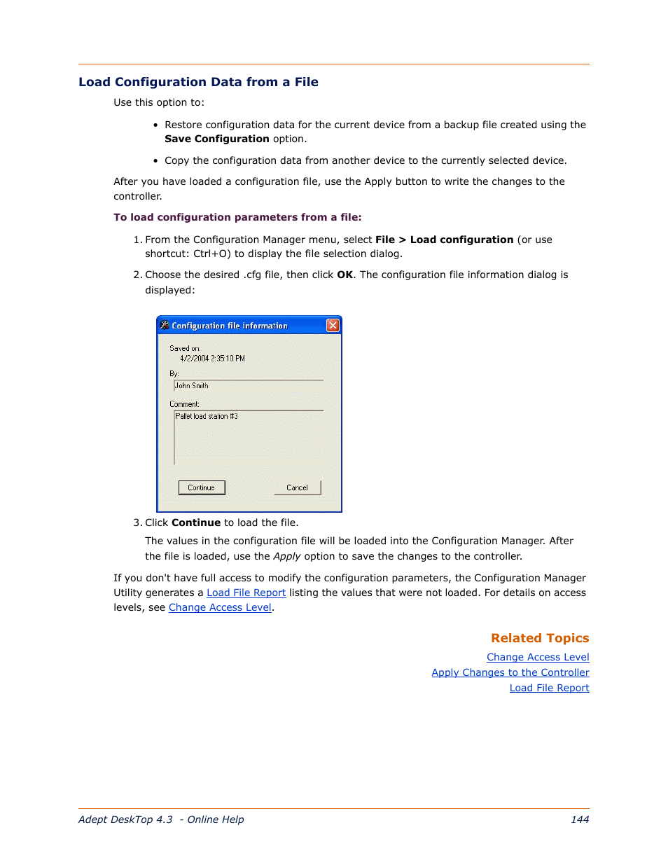 Load, Configuration data from a file | Adept DeskTop 4.3 User Manual | Page 144 / 166